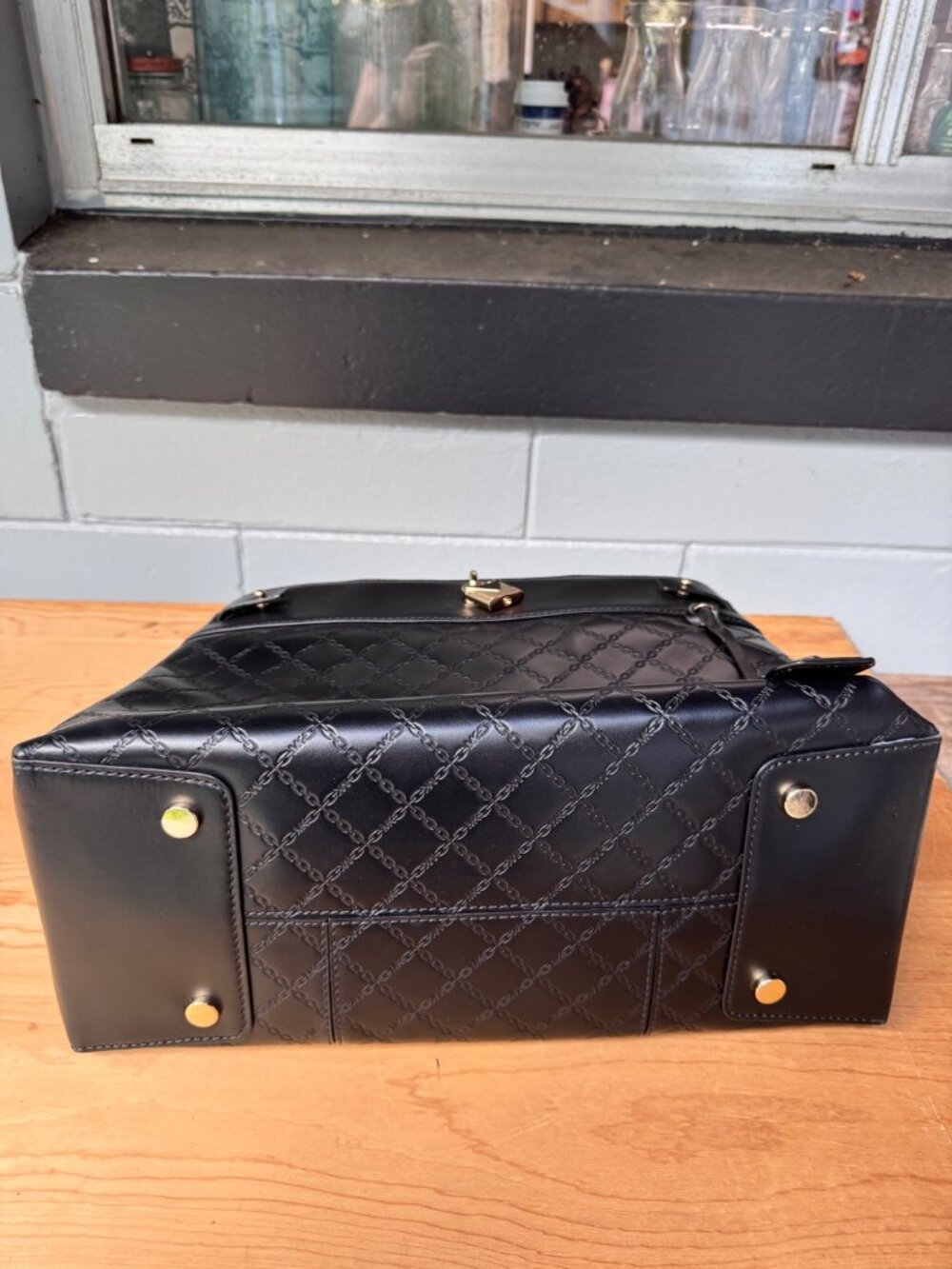 Michael Kors Satchel Tote Bag Black Quilted Leather Gold Tone Top Handle - Picture 6 of 9